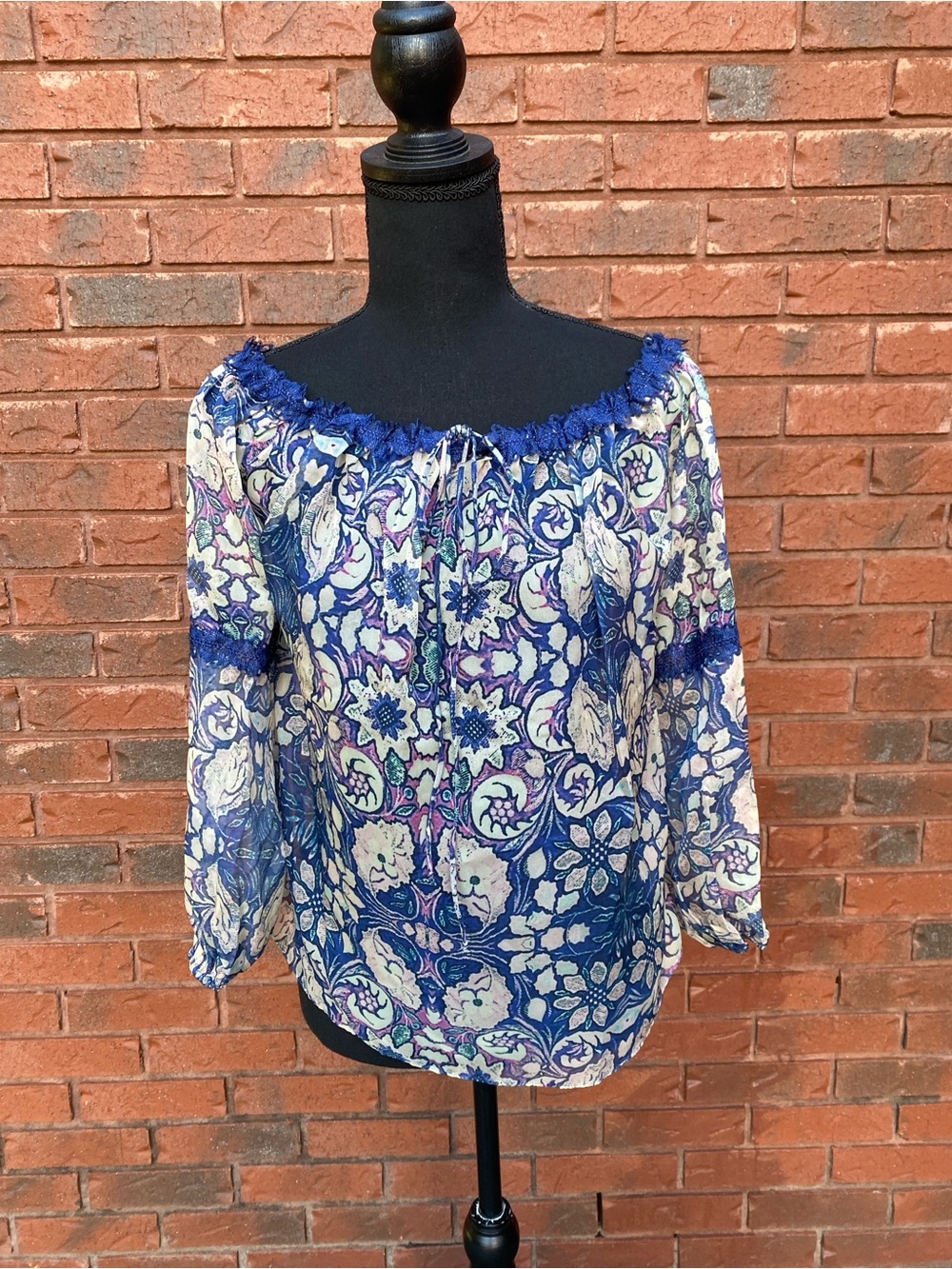 Boho Sheer Off-Shoulder Floral Peasant Top - Blue S